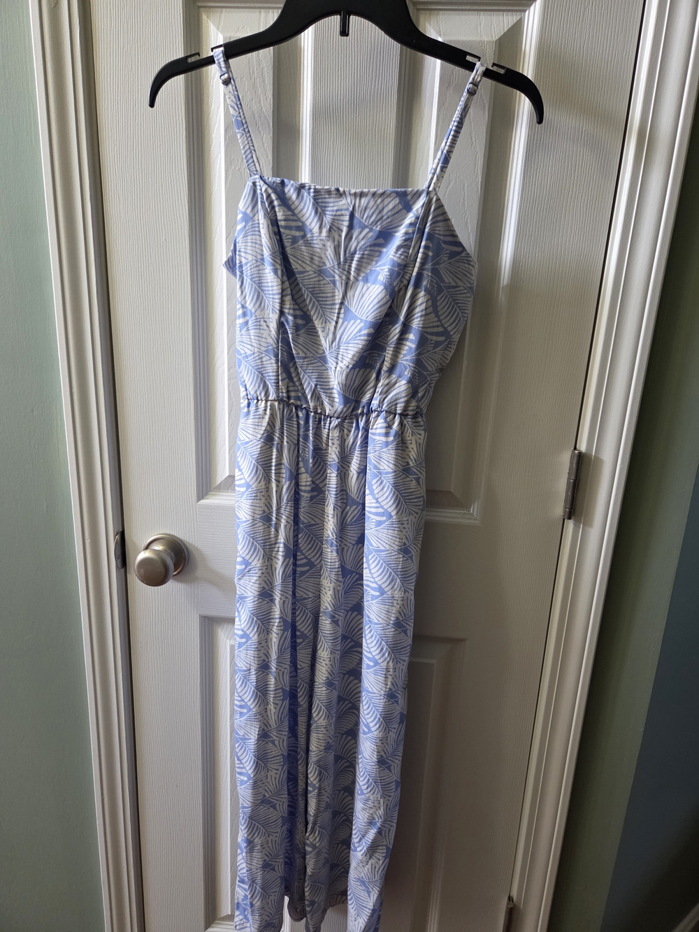 Light Blue Leaf-Print Spaghetti Strap Jumpsuit